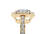Emerald Cut Diamond Halo Pavé Engagement Ring Set in Yellow gold with Bezel Setting
