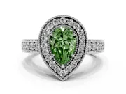 Fancy Green Pear Cut Diamond Halo Ring Set in Platinum with Round Accent Halo, Pavé Band and Prong Setting