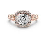 Cushion Cut Filigree Leaf Halo Engagement Ring Setting | Bezel Leaf Accents | Rose Gold