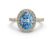 Fancy Blue Oval Cut Diamond Pavé Band Halo Engagement Ring Set in Yellow gold with Prong Setting