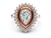 Pear Cut Diamond Halo Ring Set in Rose gold with Milgrain Edge and Round Prong Setting