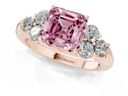 Fancy Pink Asscher Cut Diamond Cluster Ring Set in Rose gold with Round Accent Stones and Prong Setting on a Plain Band