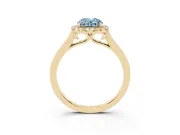 Fancy Blue Oval Cut Halo Round Diamond Solitaire Ring Set in Yellow gold with Pavé Band and Prong Setting