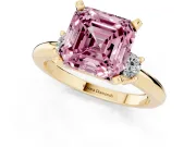 Asscher Cut Three Stone Engagement Ring Setting for a Fancy Pink Lab-Grown Diamond | Round Side Stones | Yellow Gold
