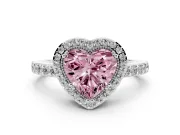 Fancy Pink Heart Cut Diamond Halo Engagement Ring Set in Silver with Milgrain Detail and Pavé Band