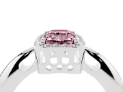 Fancy Pink Emerald Cut Diamond Halo Engagement Ring Set in White gold with Plain Split Shank and Prong Setting