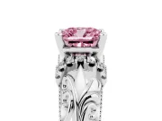 Fancy Pink Cushion Cut Diamond Filigree Halo Engagement Ring Set in Platinum with Prong Setting