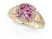 Cushion Cut Halo Engagement Ring Setting for a Fancy Pink Lab-Grown Diamond | V-Split Pavé Band | Yellow Gold