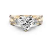 Three-Stone Heart Cut Diamond Twist Band Ring Set in Yellow gold with Pavé Accents and Prong Setting