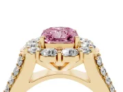 Fancy Pink Radiant Cut Diamond Halo Engagement Ring Set in Yellow gold with Split Shank and Prong Setting