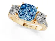 Cushion Cut Three Stone Engagement Ring Setting for a Fancy Blue Lab-Grown Diamond | Accented Shoulders | Yellow Gold