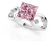 Fancy Pink Princess Cut Diamond Solitaire Ring Set in Platinum with Side Stones on Criss-Cross Band and Prong Setting