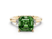 Fancy Green Three-Stone Asscher Cut Diamond Ring Set in Yellow gold with Prong Setting and Plain Band