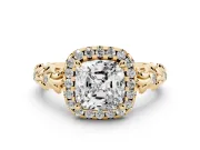 Cushion Cut Filigree Leaf Halo Engagement Ring Setting | Bezel Leaf Accents | Yellow Gold