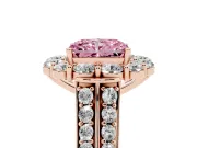 Fancy Pink Radiant Cut Diamond Halo Engagement Ring Set in Rose gold with Split Shank and Prong Setting