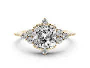 Cushion Cut Vintage Cluster Engagement Ring Setting | Beaded Edges | Yellow Gold