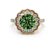 Fancy Green Round Cut Diamond Milgrain Floral Halo Engagement Ring Set in Yellow gold with Pavé Band
