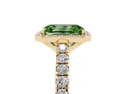 Fancy Green Emerald Cut Diamond Halo Engagement Ring Set in Yellow gold with Pavé Band and Prong Setting