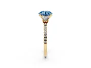 Fancy Blue Round Cut Diamond Three-Stone Ring Set in Yellow gold with Pavé Band and Graduated Sides