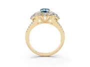 Fancy Blue Emerald Cut Diamond Halo Split Shank Engagement Ring Set in Yellow gold with Prong-Held Center Stone
