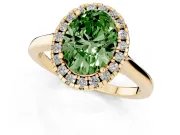Fancy Green Oval Cut Halo Round Diamond Solitaire Ring Set in Yellow gold with Pavé Band and Prong Setting
