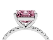 Fancy Pink Asscher Cut Diamond Brilliant Solitaire Ring Set in White gold with Pavé Band and Prong Setting