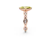 Fancy Yellow Marquise Cut Diamond Twist Band Solitaire Ring Set in Rose gold with Leaf Prong Setting and Accent Stones