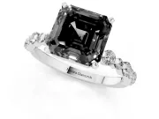 Fancy Black Asscher Cut Diamond Prong Set Engagement Ring Set in Silver with Round Accent Pavé Band
