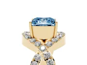 Fancy Blue Princess Cut Diamond Solitaire Twist Band Pavé Engagement Ring Set in Yellow gold