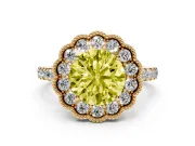 Fancy Yellow Round Cut Diamond Milgrain Floral Halo Engagement Ring Set in Yellow gold with Pavé Band