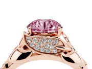 Fancy Pink Round Cut Diamond Leaf-Inspired Engagement Ring Set in Rose gold with Round Accents