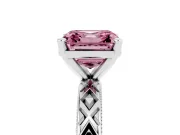 Fancy Pink Asscher Cut Diamond Solitaire Ring Set in White gold with Milgrain and Black Enamel X Pattern Band