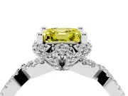 Fancy Yellow Asscher Cut Diamond Halo Twist Band Solitaire Ring Set in White gold with Prong-Set Center Stone