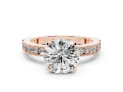 Round Cut Diamond Solitaire Ring Set in Rose gold with Slim Pavé Band and Prong Setting
