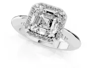 Asscher Cut Diamond Halo Engagement Ring Set in White gold with Plain Split Shank and Prong Setting