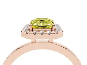 Fancy Yellow Emerald Cut Diamond Halo Solitaire Ring Set in Rose gold with Pavé Band and Prong Setting