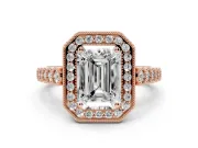 Emerald Cut Milgrain Halo Engagement Ring Setting | Graduated Bezel Accents | Rose Gold