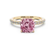 Fancy Pink Cushion Cut Diamond Pavé Band Ring Set in Yellow gold with Prong-Set Center Stone