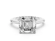 Asscher Cut Diamond Solitaire Ring Set in Silver with Prong Setting on a Plain Round Band
