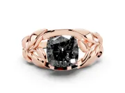 Fancy Black Cushion Cut Diamond Leaf-Inspired Engagement Ring Set in Rose gold with Round Accents