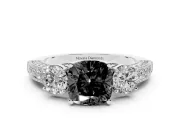Fancy Black Cushion Cut Diamond Three-Stone Ring Set in Silver with Round Side Stones and Pavé Band