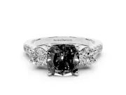 Fancy Black Three-Stone Cushion Cut Diamond Pavé Band Ring Set in White gold with Prong-Set Trio