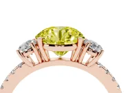 Fancy Yellow Round Cut Diamond Three-Stone Ring Set in Rose gold with Pavé Band and Graduated Sides