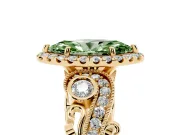 Fancy Green Marquise Cut Diamond Halo Ring Set in Yellow gold with Milgrain Pavé Band and Prong Setting