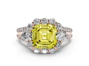 Fancy Yellow Asscher Cut Diamond Halo Split Shank Engagement Ring Set in Rose gold with Prong-Held Center Stone
