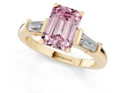 Emerald Cut Three-Stone Engagement Ring Setting for a Fancy Pink Lab-Grown Diamond | Tapered Baguettes | Yellow Gold