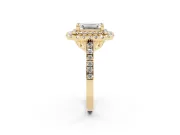 Emerald Cut Diamond Double Halo Statement Ring Set in Yellow gold with Pavé Band