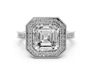 Asscher Cut Vintage Milgrain Halo Engagement Ring Setting | Bezel Head | White Gold