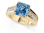 Fancy Blue Asscher Cut Diamond Solitaire Ring Set in Yellow gold with Channel-Set Accent Stones and Prong Setting