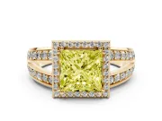 Princess Cut Halo Engagement Ring Setting for a Fancy Yellow Lab-Grown Diamond | Two-Row Pave Split Shank | Yellow Gold